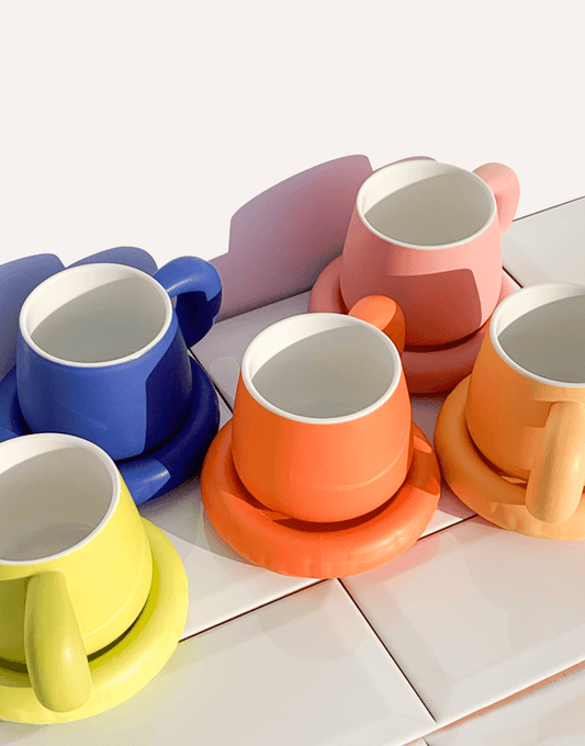 Image off cup and sauce sets. 5 colours to customise coffee mug sets 
