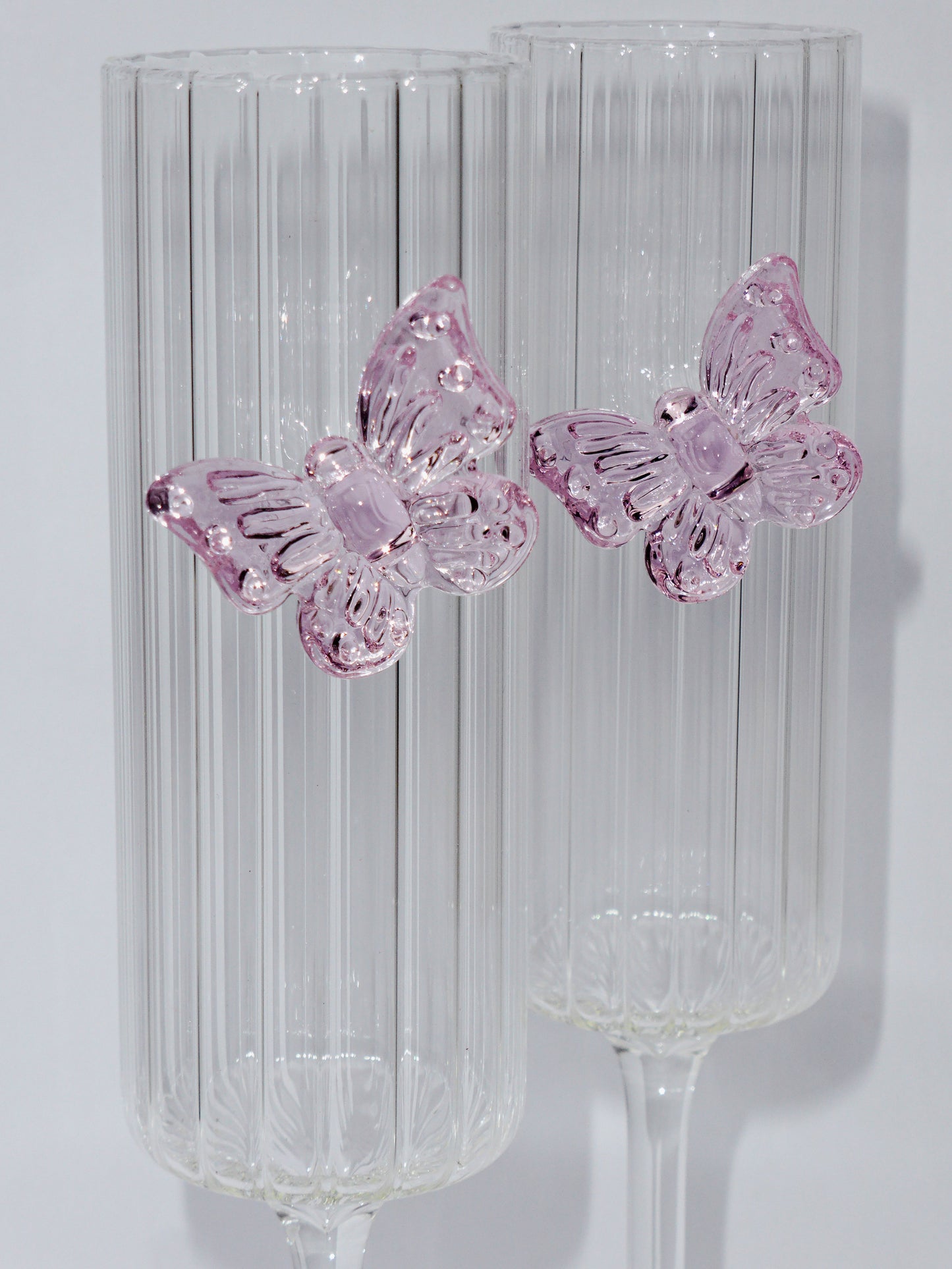 Ribbed Pink Butterfly Prosecco glass set of two