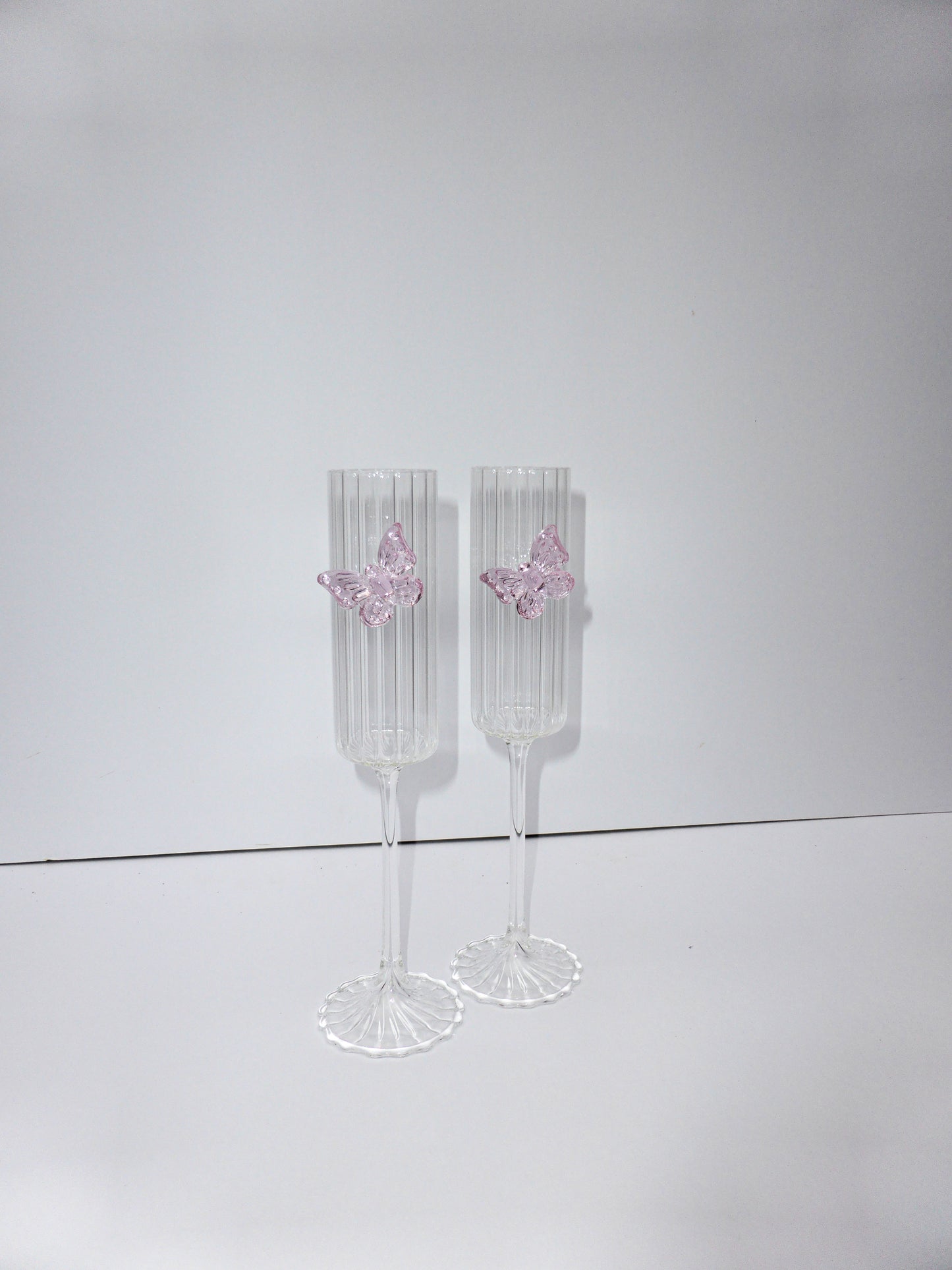 Ribbed Pink Butterfly Prosecco glass set of two