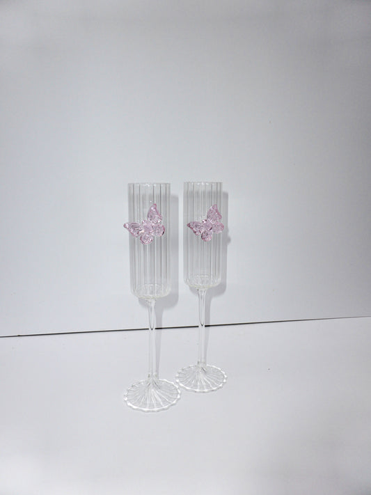 Ribbed Pink Butterfly Prosecco glass set of two